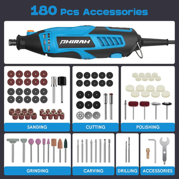 Herramienta Rotativa PHIRAH 160W con Eje Flexible y 180 Accesorios | Mini Amoladora Eléctrica 7 Velocidades 8000-35000 RPM para Corte, Pulido, Grabado y Bricolaje