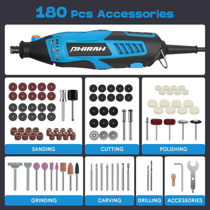 Herramienta Rotativa PHIRAH 160W con Eje Flexible y 180 Accesorios | Mini Amoladora Eléctrica 7 Velocidades 8000-35000 RPM para Corte, Pulido, Grabado y Bricolaje