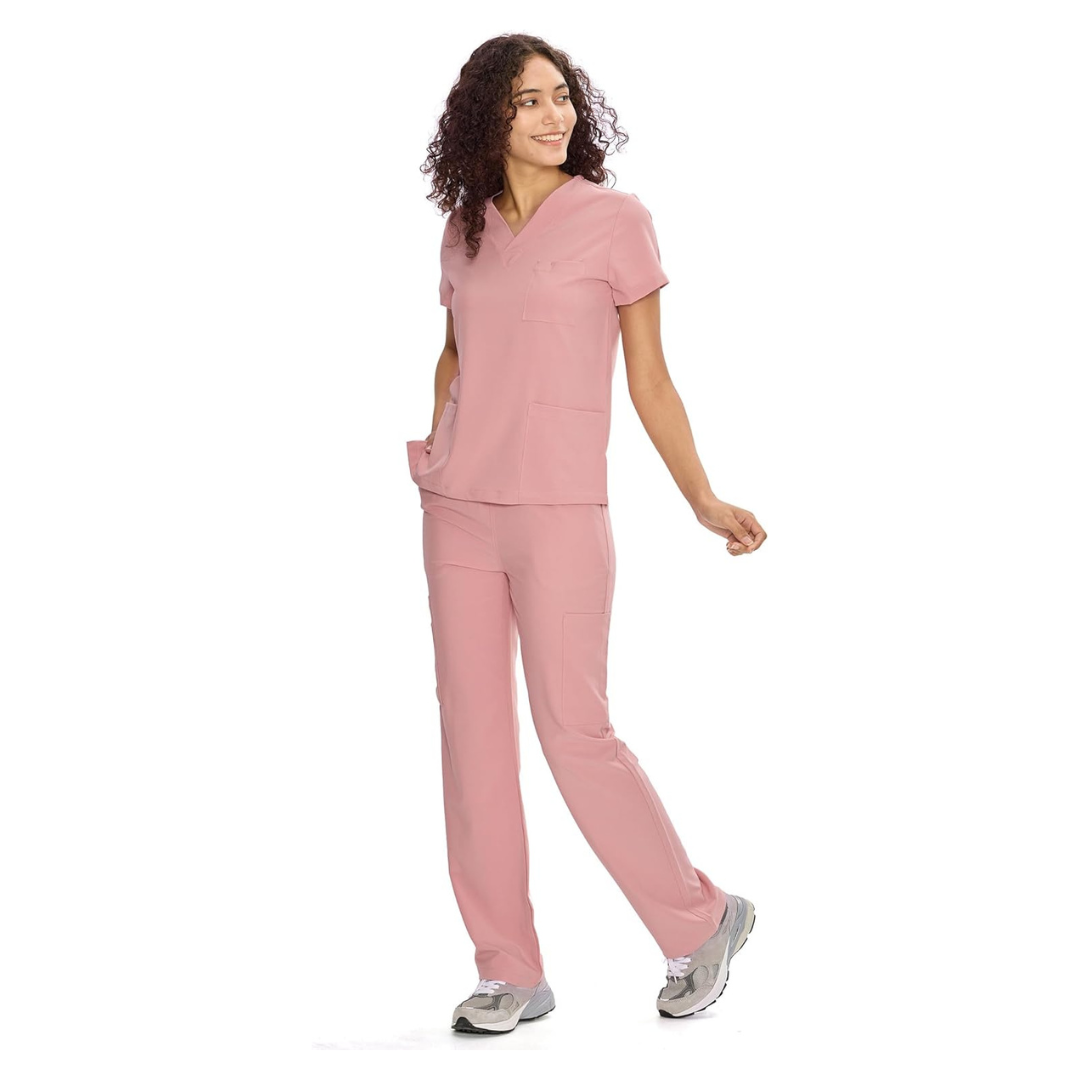 Set Uniforme Médico | Camiseta con Cuello en V y Pantalones de Pierna Recta con Bolsillos | Ropa de Trabajo Unisex | Color: Rosa