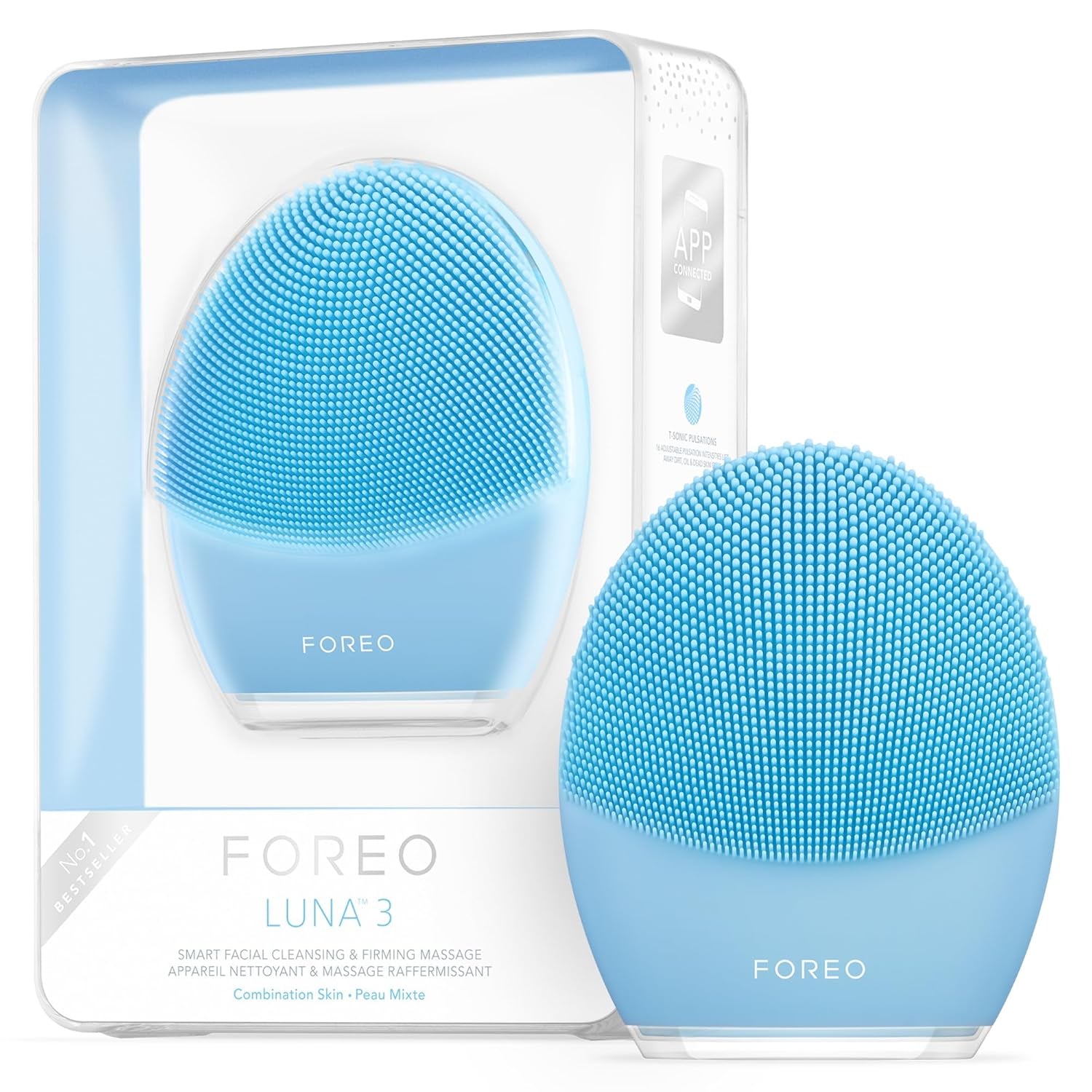 FOREO LUNA™ 3 — Cepillo Facial Sónico (Piel Mixta)  Limpieza de nivel spa en 1 min | Masaje reafirmante T-Sonic vía app | Silicona ultra-higiénica | Resistente al agua | Batería recargable | 2 años de garantía
