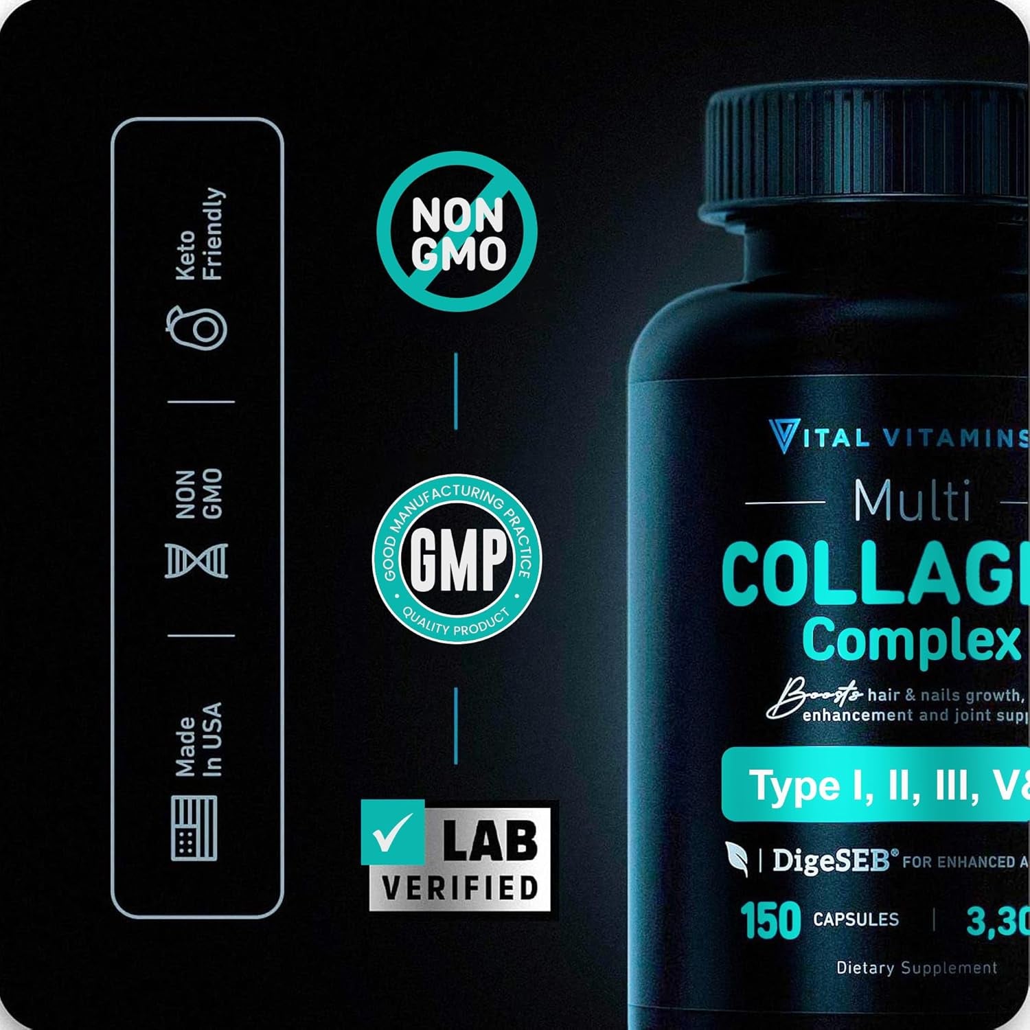 Multi Collagen for Women & Men - Type I, II, III, V, X - Grass Fed, Non-Gmo - 150 Capsules