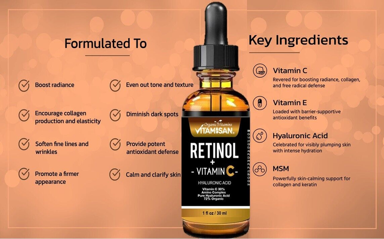 Serum Facial Antiage Vit C 30% + Retinol 5% + Ácido Hialurónico + Vit E – 30 ml | VITAMISAN®