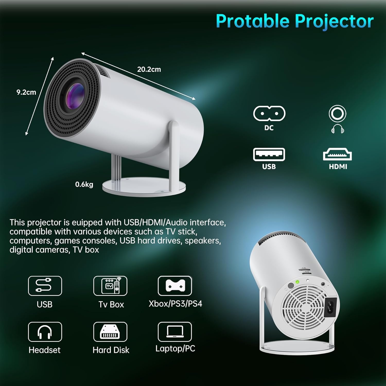 Mini Proyector Android HY300 con Wi-Fi 6 y BT 5.2, Giro 180°, Auto Keystone, Soporta 1080p/4K Decoding – Para Teléfono, TV Stick, PC, Xbox, PS5