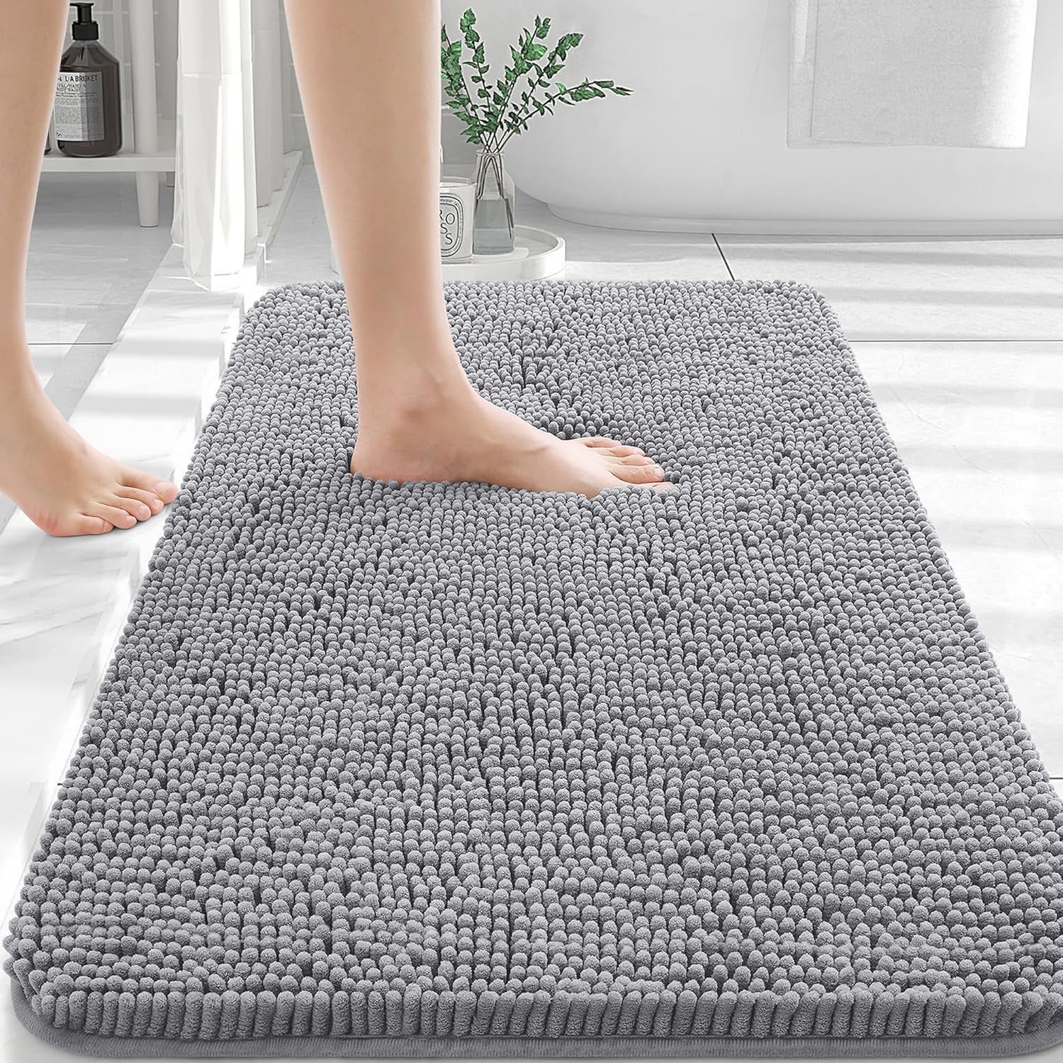 Alfombra de Baño 30x20, Chenille Extra Suave, Súper Absorbente, Secado Rápido, Antideslizante, Lavable a Máquina, Gris
