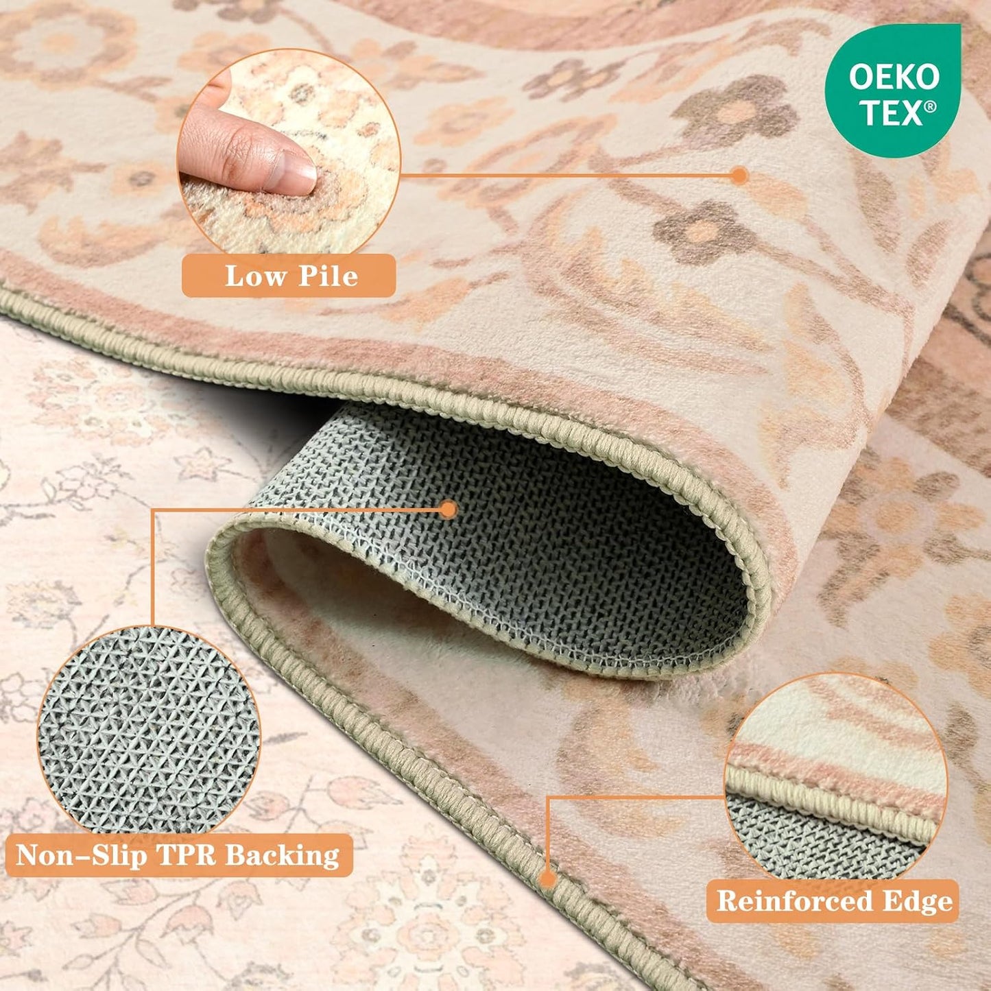 Alfombra floral lavable naranja de 4 x 6 pulgadas | suave, de pelo bajo | Antideslizante para interiores