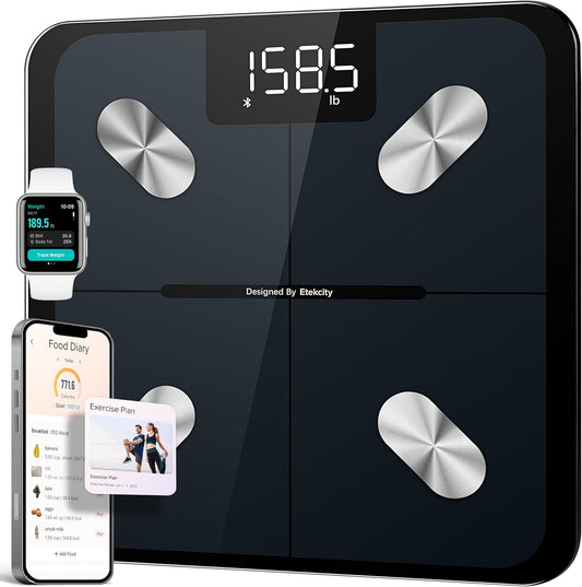 Báscula Inteligente Digital con Bluetooth – Balanza de Baño con BMI, Grasa Corporal, Masa Muscular y 13 Métricas – Compatible con Apple Health, FitBit, Google Fit y Samsung Health – Capacidad 180kg / 400lb