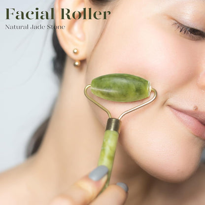 Jade Roller & Gua Sha, Face RolleSet Jade Roller & Gua Sha Facial, Masajeador de Piedra Natural Verde, Herramientas de Skincare para Cara, Cuello y Ojos, Autocuidado Unisexr, Facial Beauty Roller Skin Care Tools, Self Care Gift for Men Women, Massager for Face, Eyes, Neck, Relieve Fine Lines and Wrinkles - Green
