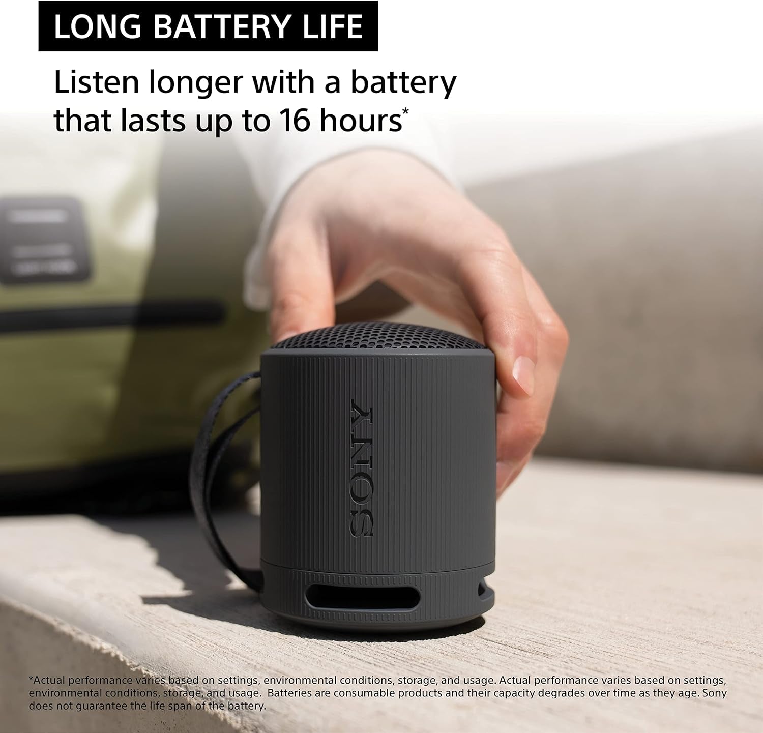 Sony SRS-XB100 – Bocina Bluetooth portátil, ultra-compacta, IP67, 16 h batería, correa versátil, manos libres (Negro)