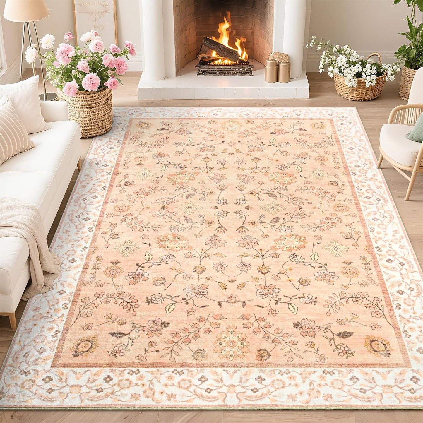 Alfombra floral lavable naranja de 4 x 6 pulgadas | suave, de pelo bajo | Antideslizante para interiores