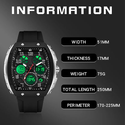 Reloj para Hombre Rectangular Blanco | Doble Hora Analógico + Digital | Cronómetro & Cuenta Regresiva | Alarma | 5 ATM Resistente al Agua | Correa de Silicona | Caja de Regalo