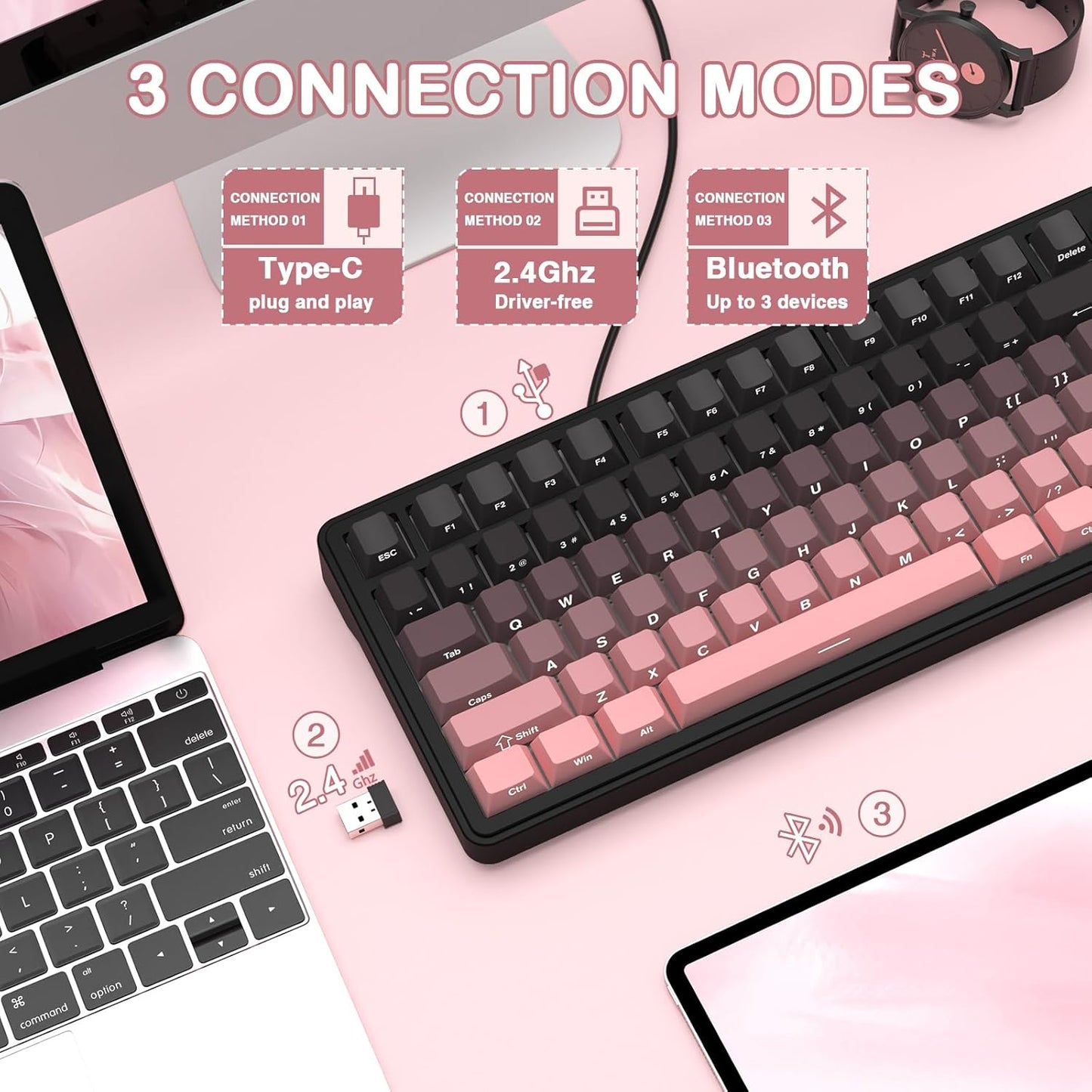 Teclado mecánico inalámbrico para juegos con perilla intercambiable | Color: Rosa