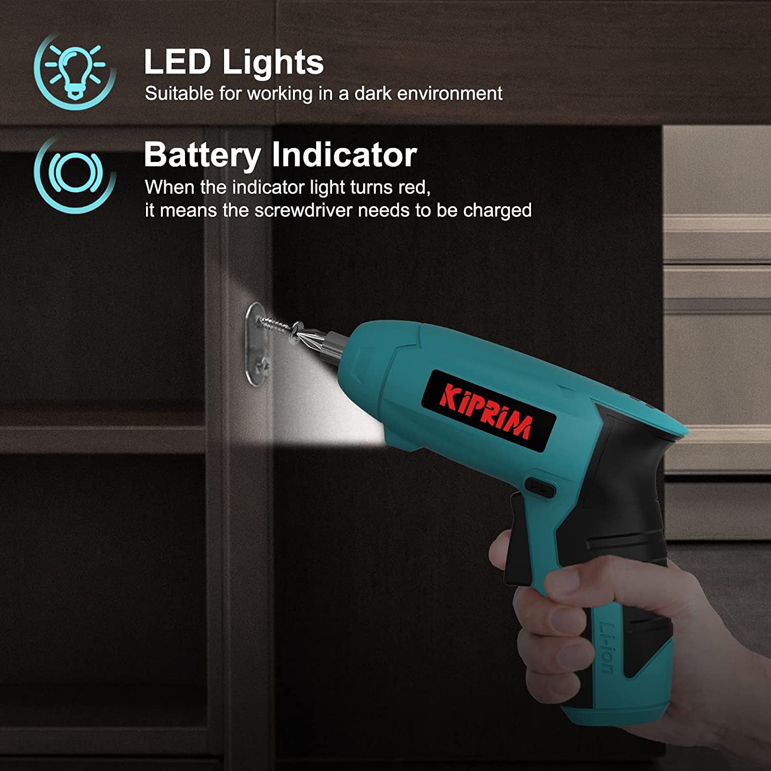 Destornillador Eléctrico Kiprim ES3 4V Recargable, Compacto e Inalámbrico, Luz LED Frontal, Indicador de Batería y 11 Accesorios – Azulv