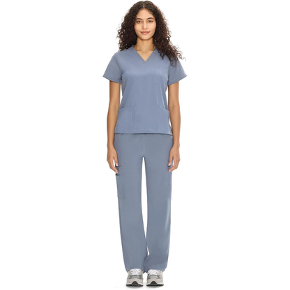 Set Uniforme Médico | Camiseta con Cuello en V y Pantalones de Pierna Recta con Bolsillos | Ropa de Trabajo Unisex | Color: Gris