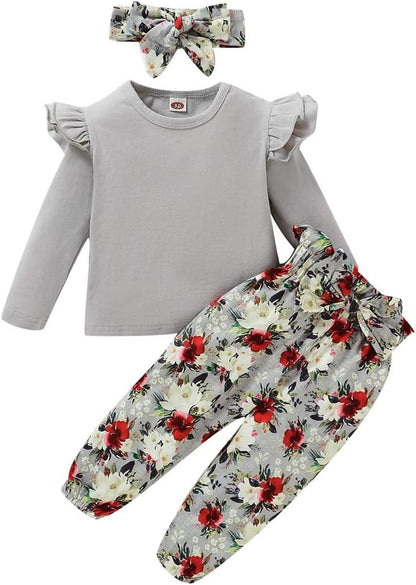 3 piezas de ropa para niña, color liso, manga larga, con volantes, pantalones florales y diadema, 1-6 años, conjunto de otoño/invierno