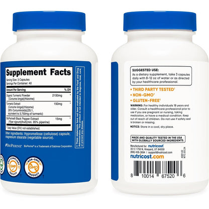 Cúrcuma (Turmeric) con BioPerine® y 95% Curcuminoides, 2,300 mg – 120 Cápsulas Vegetales | Sin GMO | Sin Gluten