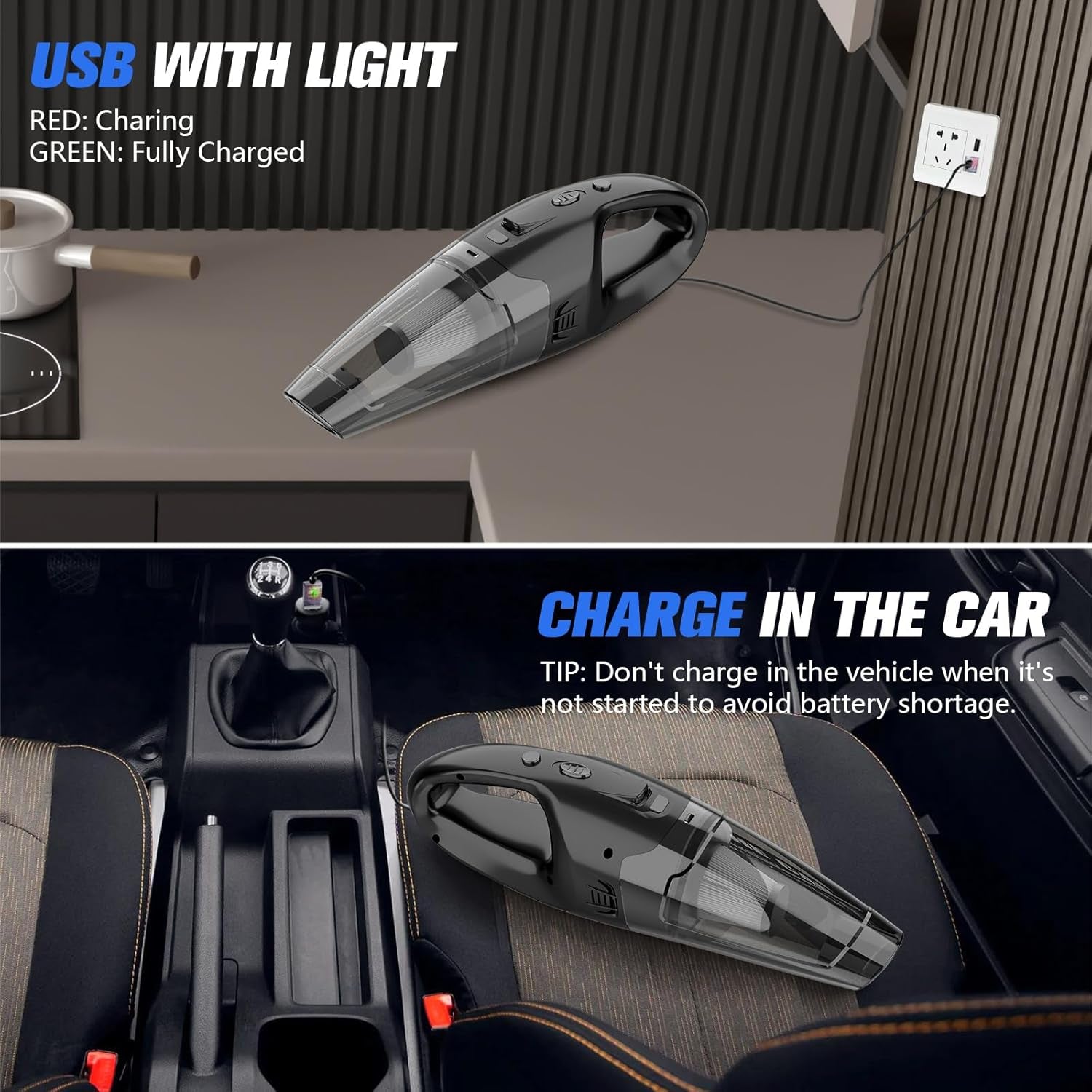 Aspiradora de Mano Inalámbrica 3 en 1 – Recargable por USB, con Luz LED, Filtro HEPA y Accesorios para Auto, Hogar y Pelo de Mascotas