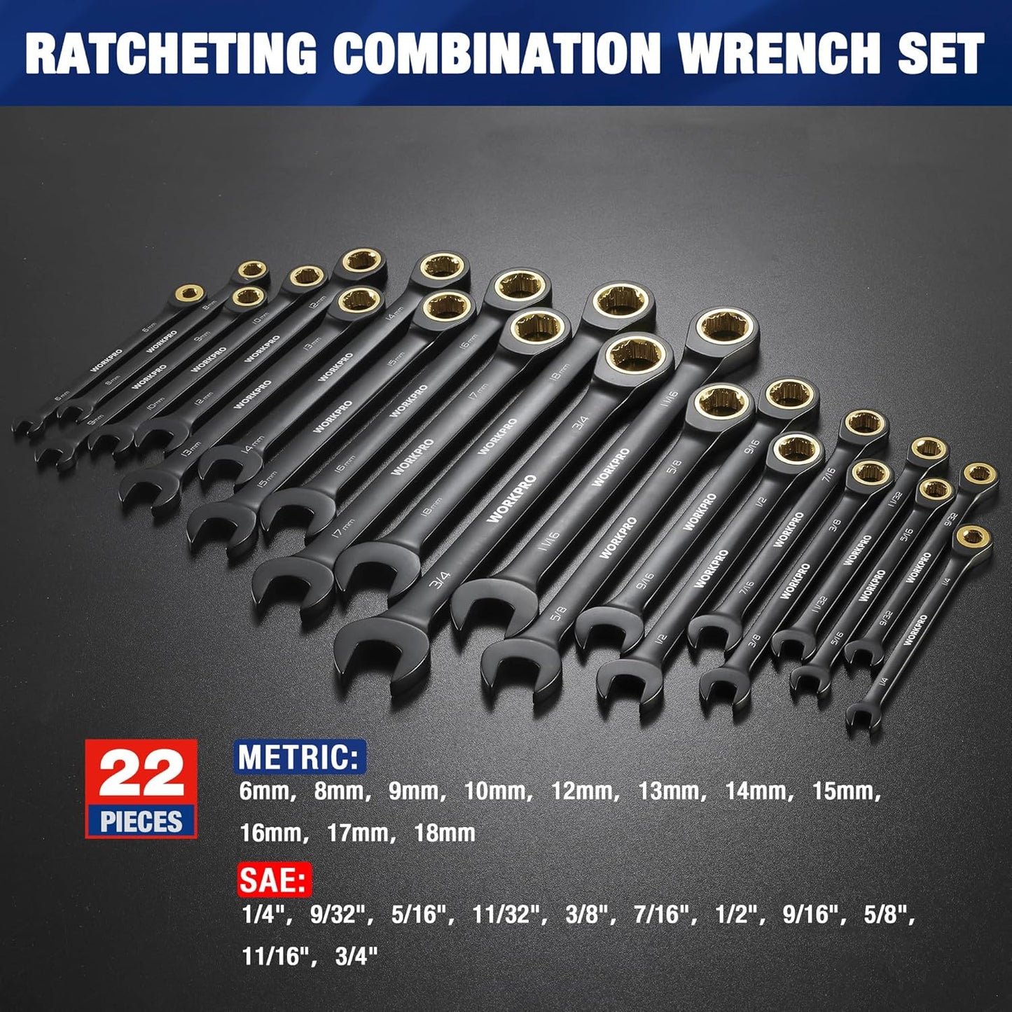 Set de Llaves Combinadas con Carraca WORKPRO 22 Piezas, Métricas (6-18mm) y SAE (1/4"-3/4"), Acero Cromo Vanadio, Dientes Antideslizantes, Estuche Organizador