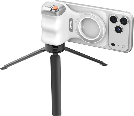 KIT CREATOR Agarre magnético para cámara de teléfono + trípode de metal | Compatible con iPhone Magsafe y Android  | Botón obturador recargable inalámbrico desmontable