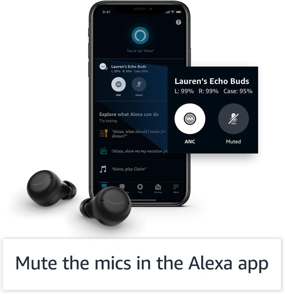 Amazon Echo Buds con Cancelación Activa de Ruido (ANC) – Auriculares inalámbricos con estuche de carga inalámbrica – Color Negro