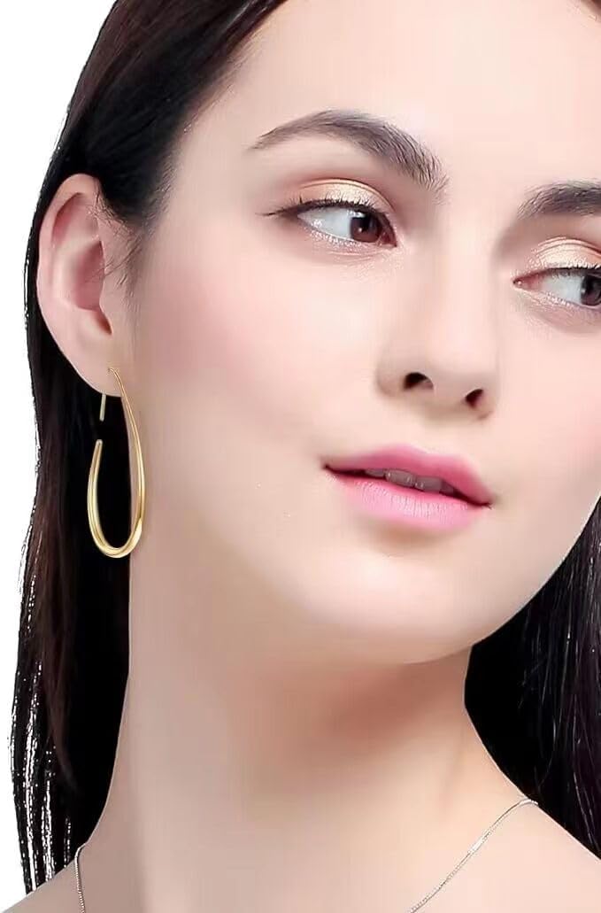 Aros Hoop Ovalados Mujer – Livianos Teardrop, 14K Gold/White Gold Plated, 40mm 
