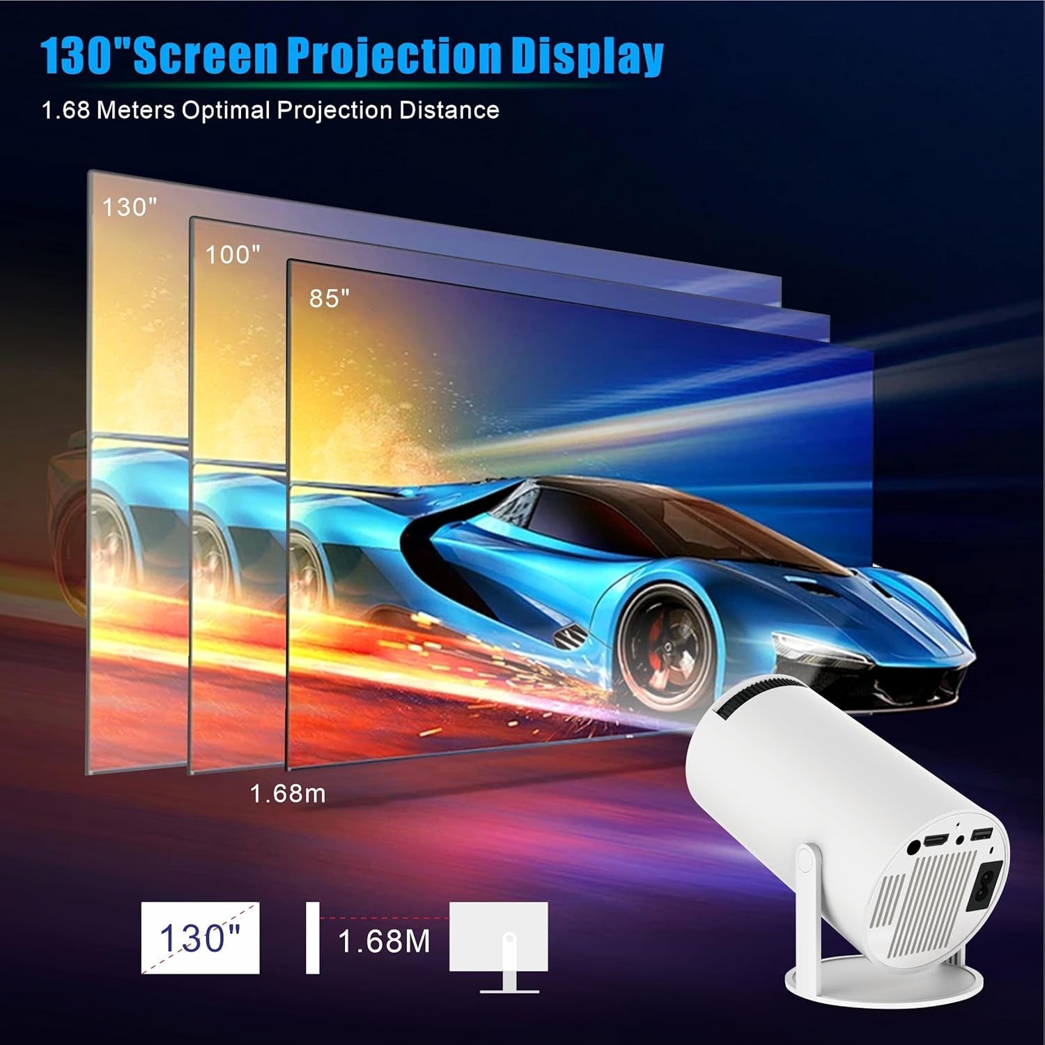 Mini Proyector Android 11 con Wi-Fi 6 y BT 5.2, 150 ANSI, 720p Nativo (Soporta 1080p/4K), Auto Keystone, Giro 180°, Pantalla 40–130", Apps Integradas
