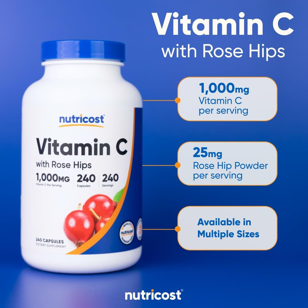 Vitamina C con Rosa Mosqueta (Rose Hips) 1,025 mg – 240 Cápsulas | Premium, Sin OGM, Sin Gluten