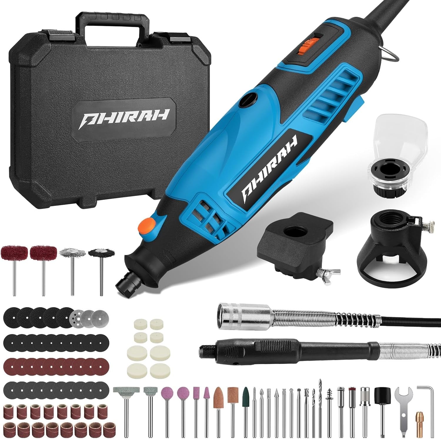 Herramienta Rotativa PHIRAH 160W con Eje Flexible y 180 Accesorios | Mini Amoladora Eléctrica 7 Velocidades 8000-35000 RPM para Corte, Pulido, Grabado y Bricolaje