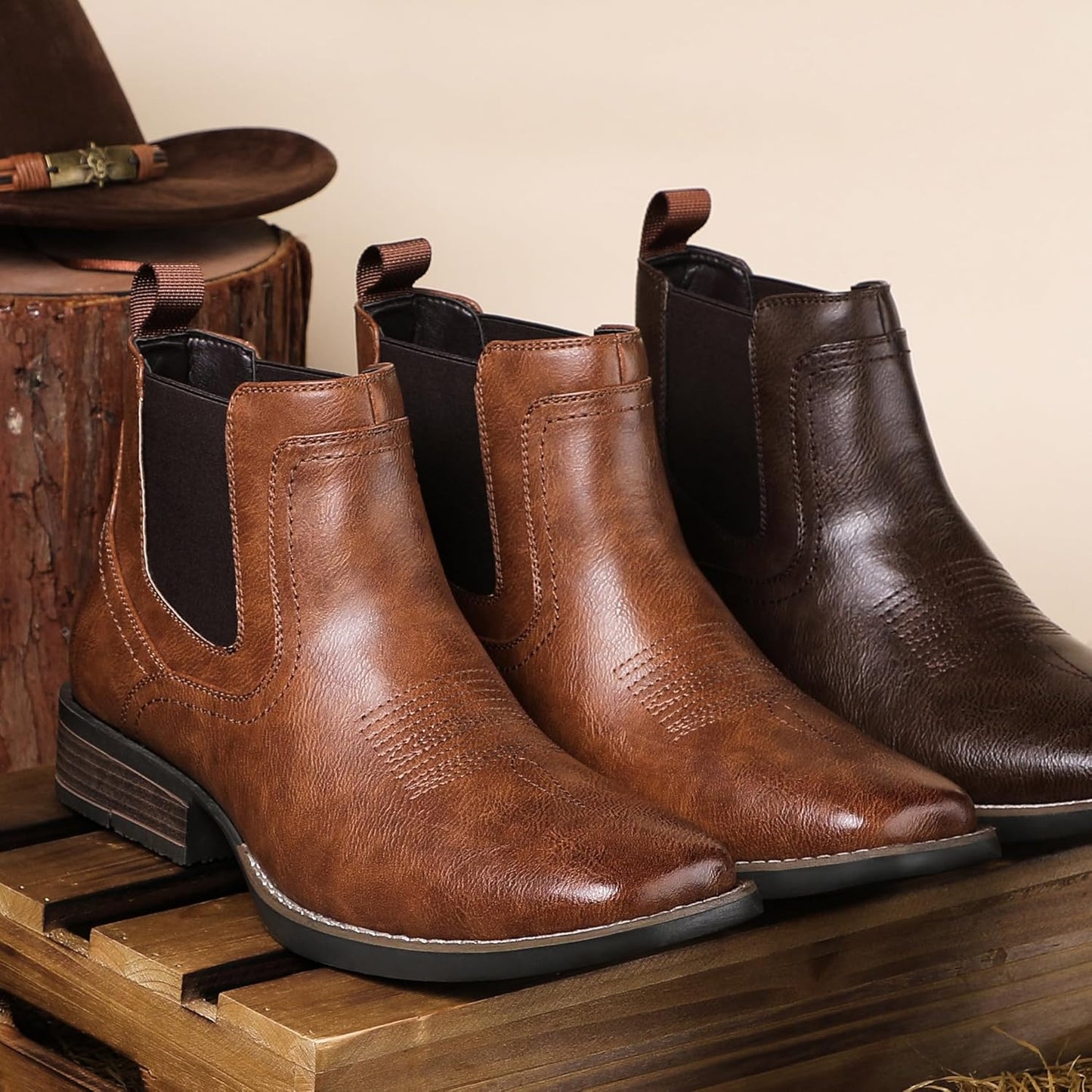 Botas vaqueras Chelsea para hombre | Punta cuadrada | Botas vaqueras al tobillo para hombre | Color: Marrón