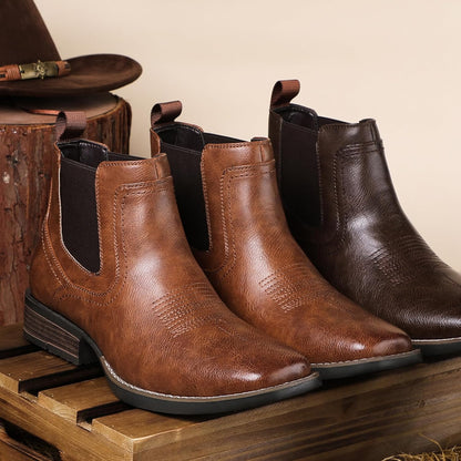 Botas vaqueras Chelsea para hombre | Punta cuadrada | Botas vaqueras al tobillo para hombre | Color: Marrón