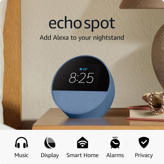 Echo Spot (Último modelo) – Reloj despertador inteligente con Alexa y gran sonido – Color Ocean Blue