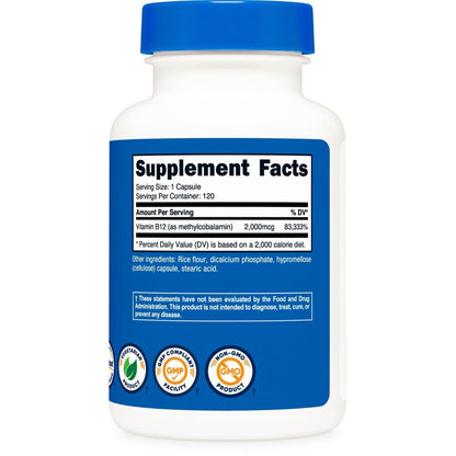 Nutricost Vitamina B12 (Metilcobalamina) 2000 mcg | 120 Cápsulas Vegetarianas