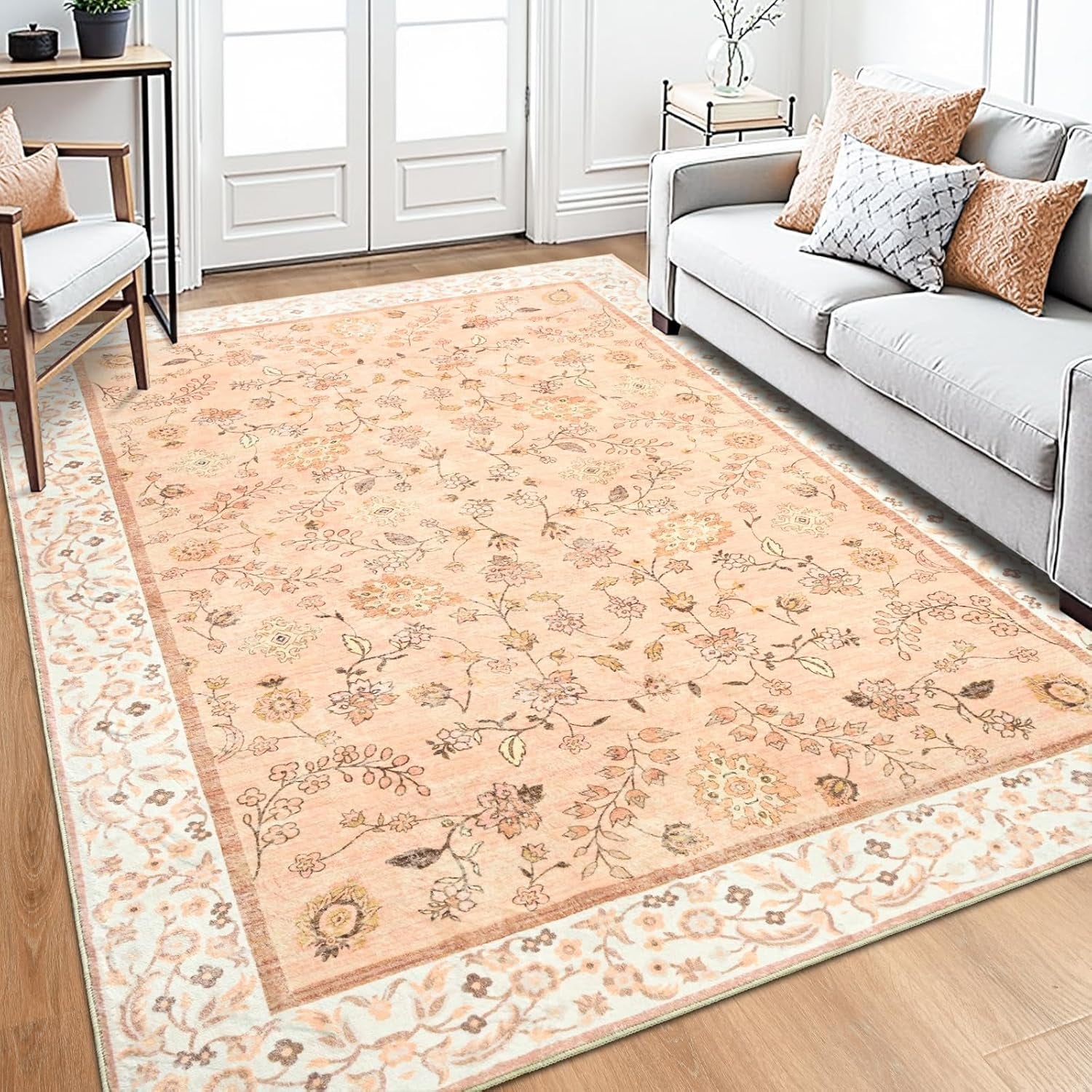 Alfombra floral lavable naranja de 4 x 6 pulgadas | suave, de pelo bajo | Antideslizante para interiores