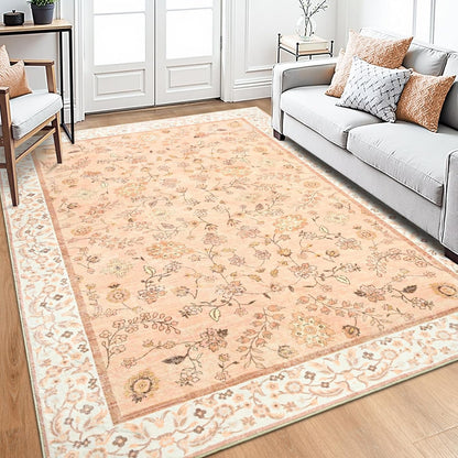 Alfombra floral lavable naranja de 4 x 6 pulgadas | suave, de pelo bajo | Antideslizante para interiores