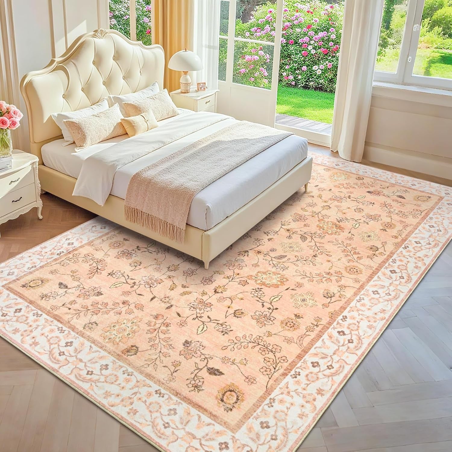 Alfombra floral lavable naranja de 4 x 6 pulgadas | suave, de pelo bajo | Antideslizante para interiores