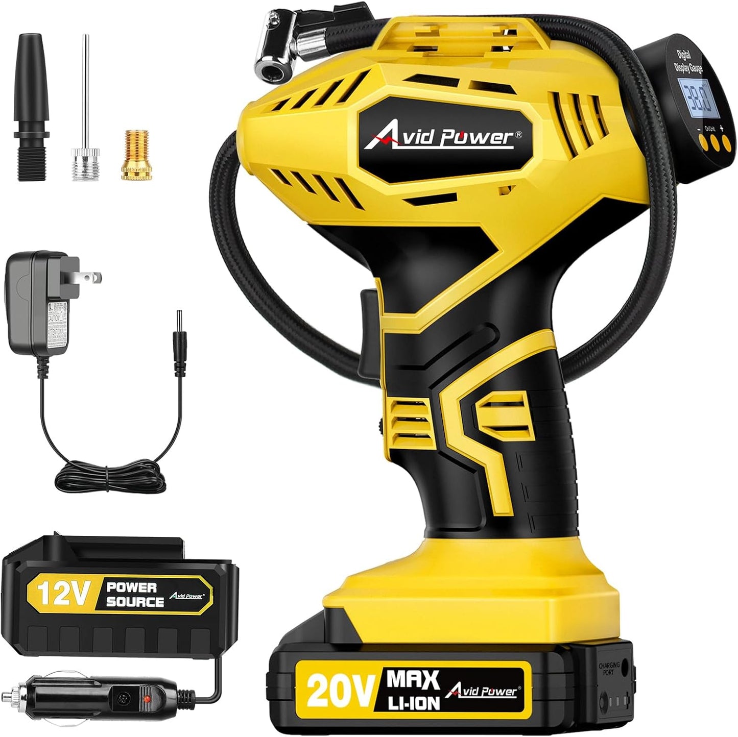Inflador Portátil Inalámbrico de Neumáticos Avid Power 20V con Batería Recargable + Adaptador 12V DC, Compresor de Aire Digital con Luz LED y Apagado Automático