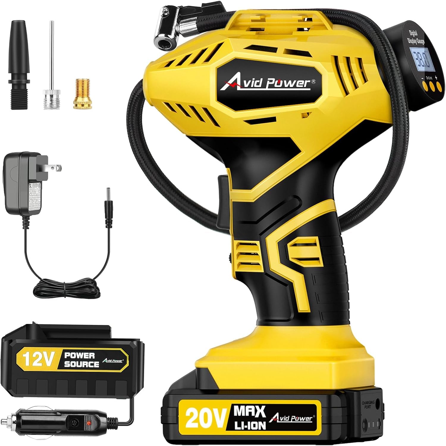 Inflador Portátil Inalámbrico de Neumáticos Avid Power 20V con Batería Recargable + Adaptador 12V DC, Compresor de Aire Digital con Luz LED y Apagado Automático