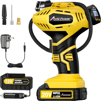 Inflador Portátil Inalámbrico de Neumáticos Avid Power 20V con Batería Recargable + Adaptador 12V DC, Compresor de Aire Digital con Luz LED y Apagado Automático
