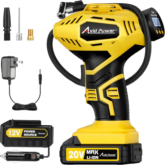 Inflador Portátil Inalámbrico de Neumáticos Avid Power 20V con Batería Recargable + Adaptador 12V DC, Compresor de Aire Digital con Luz LED y Apagado Automático