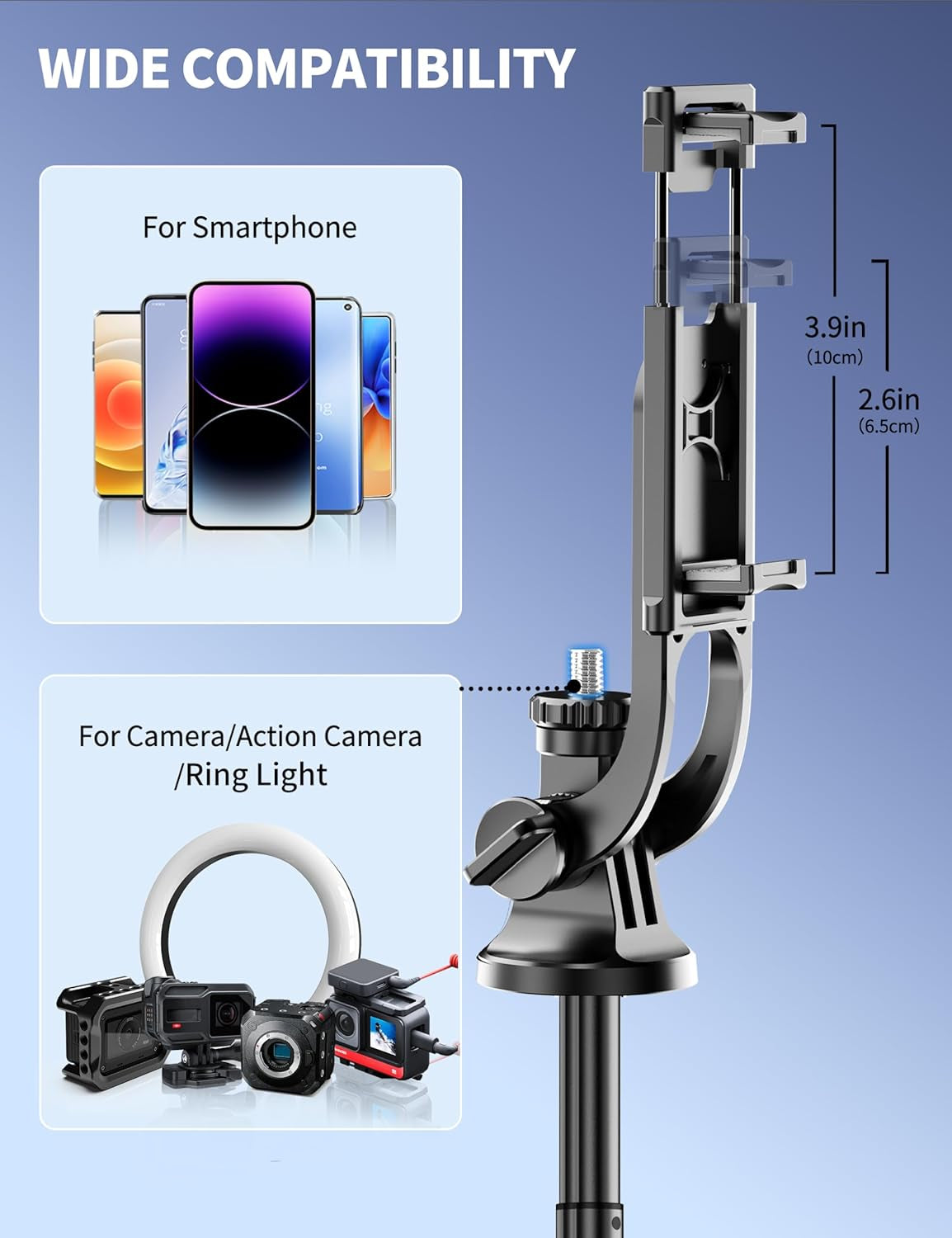 Trípode de Celular de Aluminio 71" con Control Remoto — Selfie Stick 2-en-1, Extensible, Rotación 360°, Compatible iPhone 15/14/13/Android/Cámara