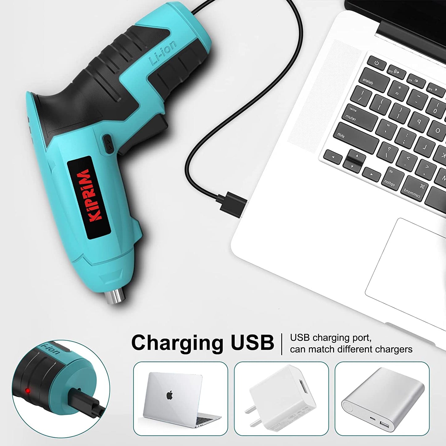Destornillador Eléctrico Kiprim ES3 4V Recargable, Compacto e Inalámbrico, Luz LED Frontal, Indicador de Batería y 11 Accesorios – Azulv