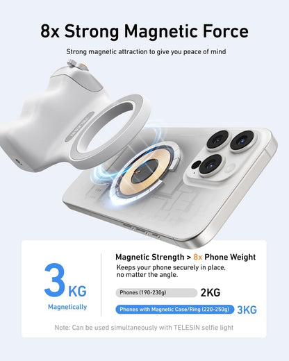 KIT CREATOR Agarre magnético para cámara de teléfono + trípode de metal | Compatible con iPhone Magsafe y Android  | Botón obturador recargable inalámbrico desmontable