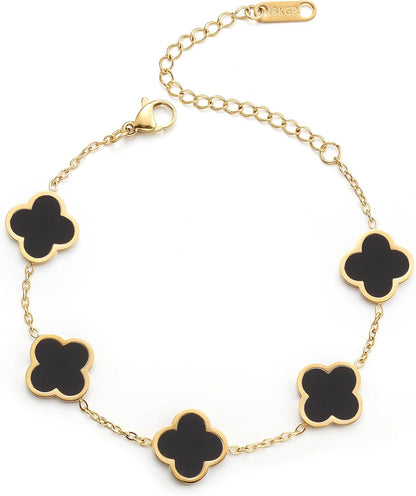 Pulsera Trébol de la Suerte para Mujer | Baño de Oro 18K con Flor Cuatro Hojas Blanco/Negro/Rojo/Verde | Joyería Elegante y Moderna
