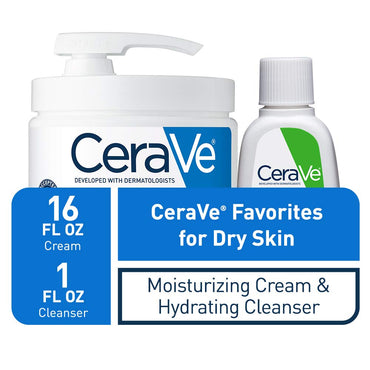 CeraVe Set Crema Hidratante 16 oz (con pump) + Limpiador Facial Hidratante 1 oz | Ácido Hialurónico + 3 Ceramidas | Sin Fragancia