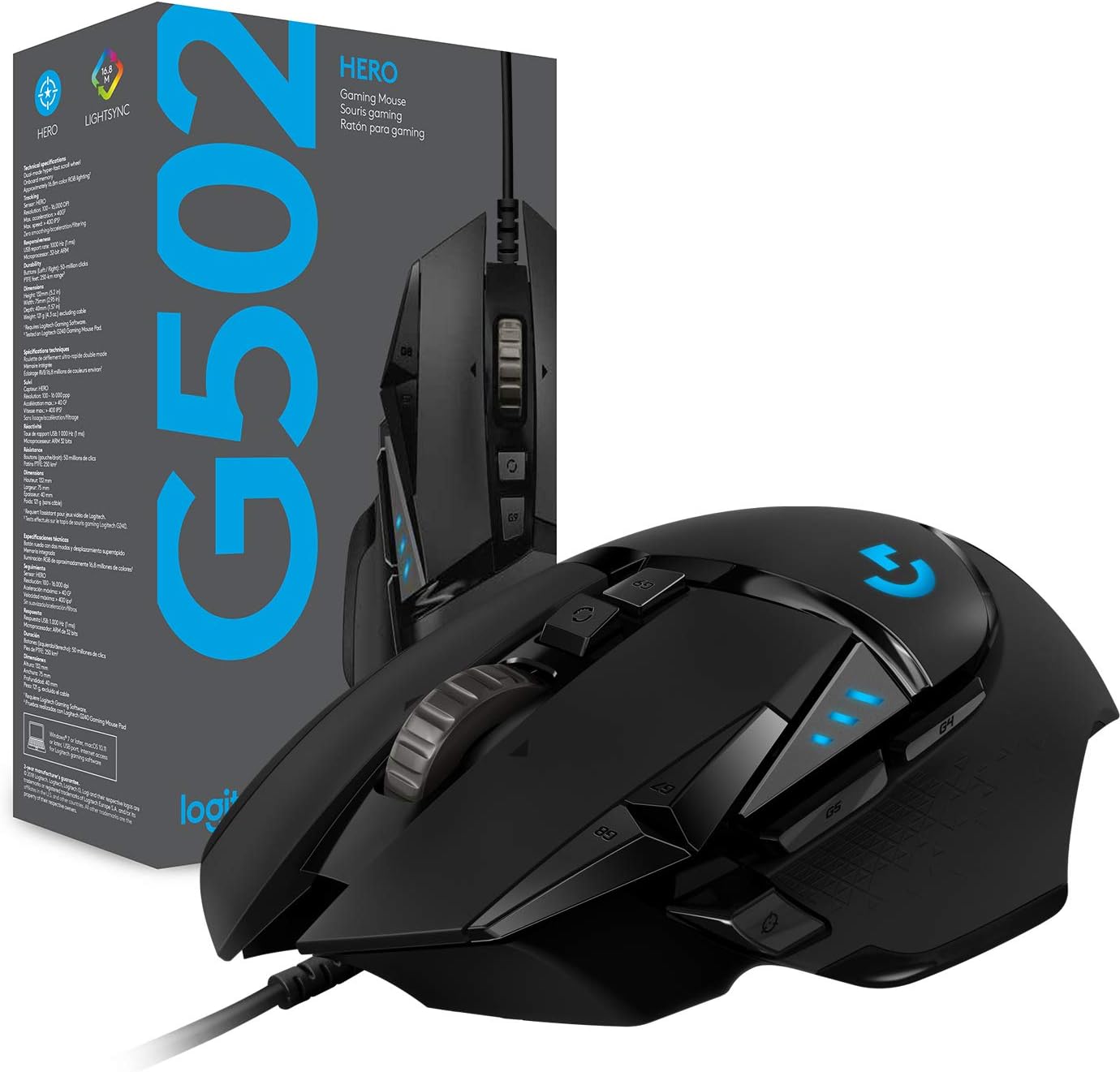 Logitech G502 HERO – Mouse Gamer con Cable de Alto Rendimiento, Sensor HERO 25K, 25.600 DPI, RGB, Pesos Ajustables y 11 Botones Programables