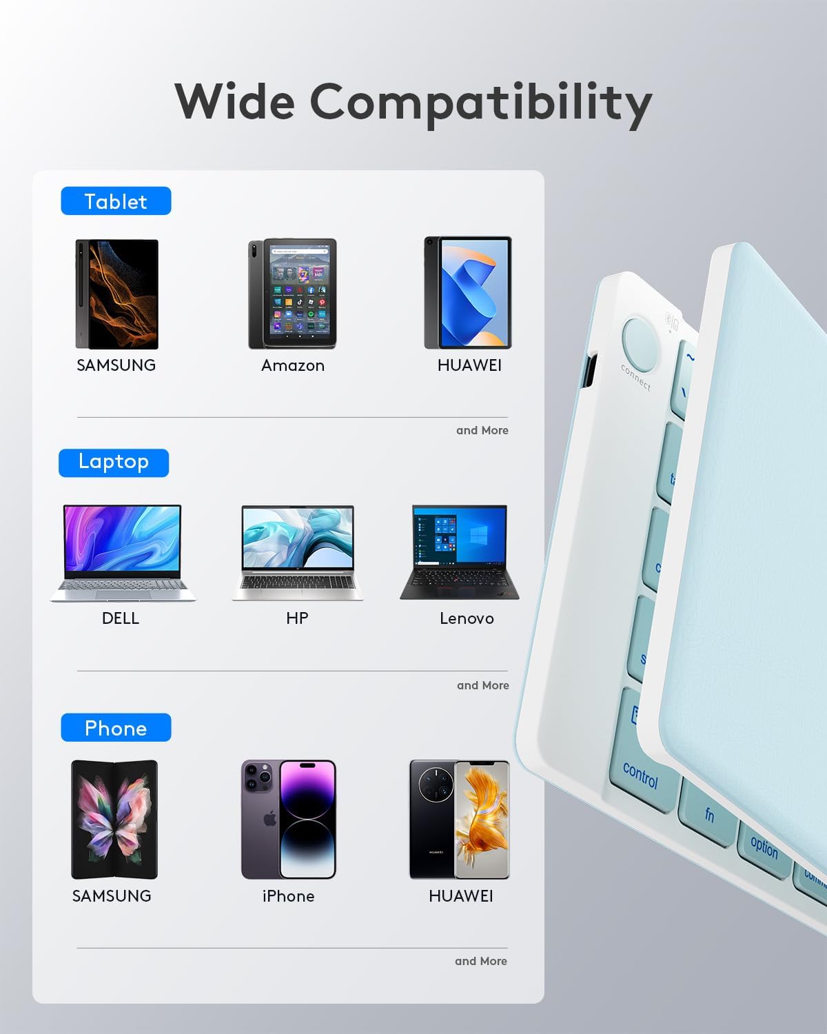 Teclado plegable Bluetooth | Tamaño completo | Ultra delgado Recargable | Conecta iOS, Android, Windows, teléfono | Color: Celeste