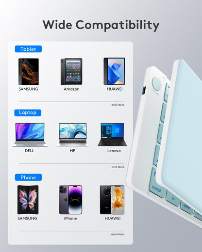 Teclado plegable Bluetooth | Tamaño completo | Ultra delgado Recargable | Conecta iOS, Android, Windows, teléfono | Color: Celeste