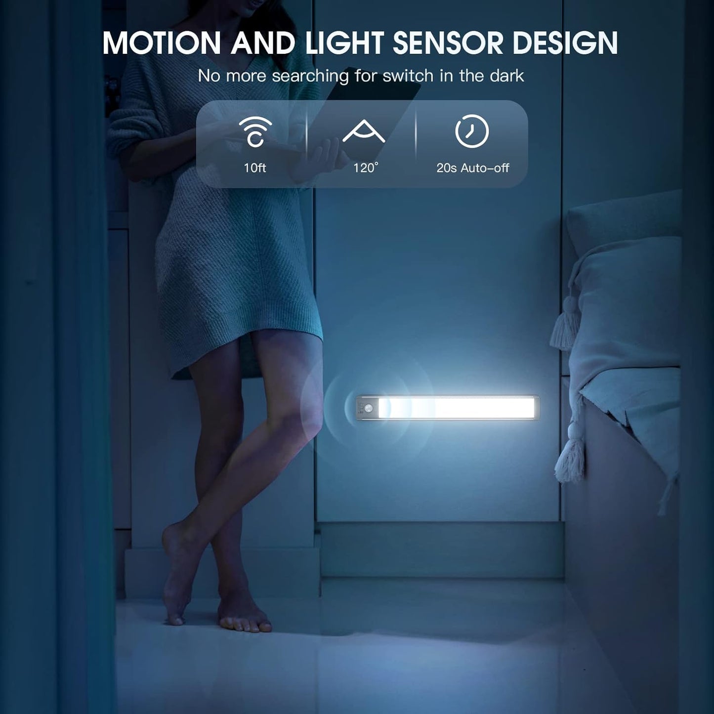 Luz LED Bajo Mueble 10” Pack x2 Recargable con Sensor de Movimiento, 5 Niveles de Brillo, Magnética Inalámbrica para Cocina, Closet, Escaleras y Pasillo