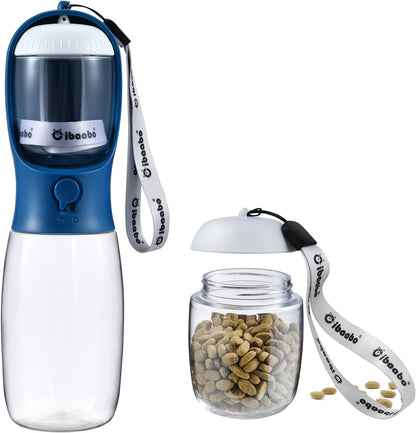 Botella de Agua para Perros con Contenedor de Alimento (2 en 1) | Portátil, Antifugas y con Filtro de Carbón – 10oz/300ml y 19oz/550ml | Accesorio de Viaje para Perros y Gatos