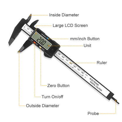 Calibrador Digital 0-150mm / 6” con Pantalla LCD Grande, Auto-Apagado, Conversión Pulgadas-Milímetros y 4 Modos de Medición – Herramienta Precisa para Hogar, Carpintería, Joyería y Proyectos DIY