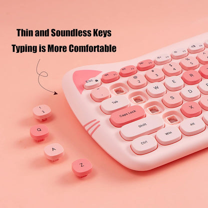 Teclado y mouse inalámbricos Gatito | Teclas silenciosas | 84 teclas | Color: Rosa